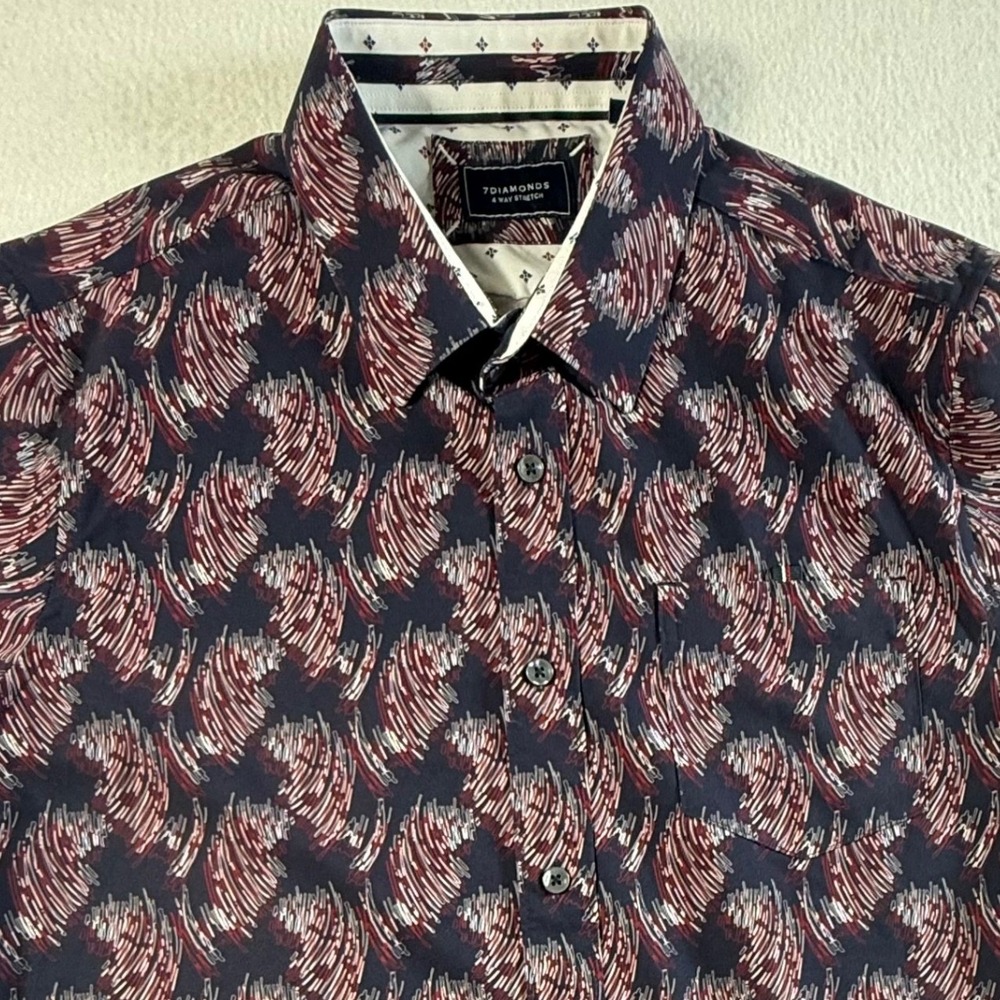 7‎ Diamonds Mens Medium 4-Way Stretch Button Down Shirt Navy Burgundy